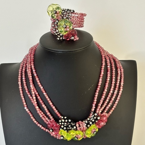 Vintage pink glass crystal, rhinestone lace memory wire unique design - Picture 1 of 10